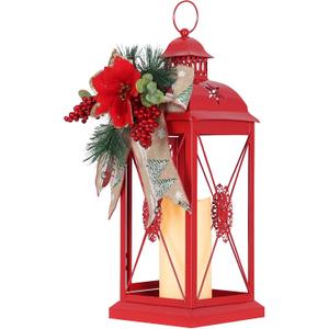 DECORKEY Christmas Decorations, 18 Metal Christmas Lantern with LED Candle and Floral Accents for Home Decor, Decorative Hanging Candle Holder Indoor Outdoor for Table Centerpieces, Porch, Patio