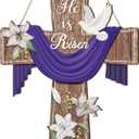 BBTO Easter Door Sign He Is Risen Hanging Decor Religious Cross Sign Easter Wreaths for Front Door Christian Flowers Lent Hanging Hanger for Farmhouse Front Porch (Cross,13.1 x 10.6 Inches)