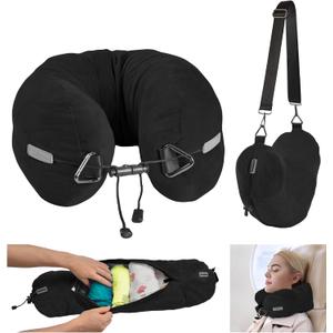 DreamShore Travel Pillow for Extra Luggage:Stuffable Neck Pillow with Adjustable Neck Size|Fits 3+ Days of Travel Essentials|Transformable Carry-On Solution|Soft Velvet Cover|No Filler(Black)