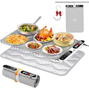 Jripae Warming Mat for Food, Fast Heating Silicone Electric Warming Tray with Heat Resistant Pad Protects Table,7 Level Temp, 8H Timer, Portable & Rollable Food Warmers for Parties Buffet, Daily Use (24*15 IN, Gray)