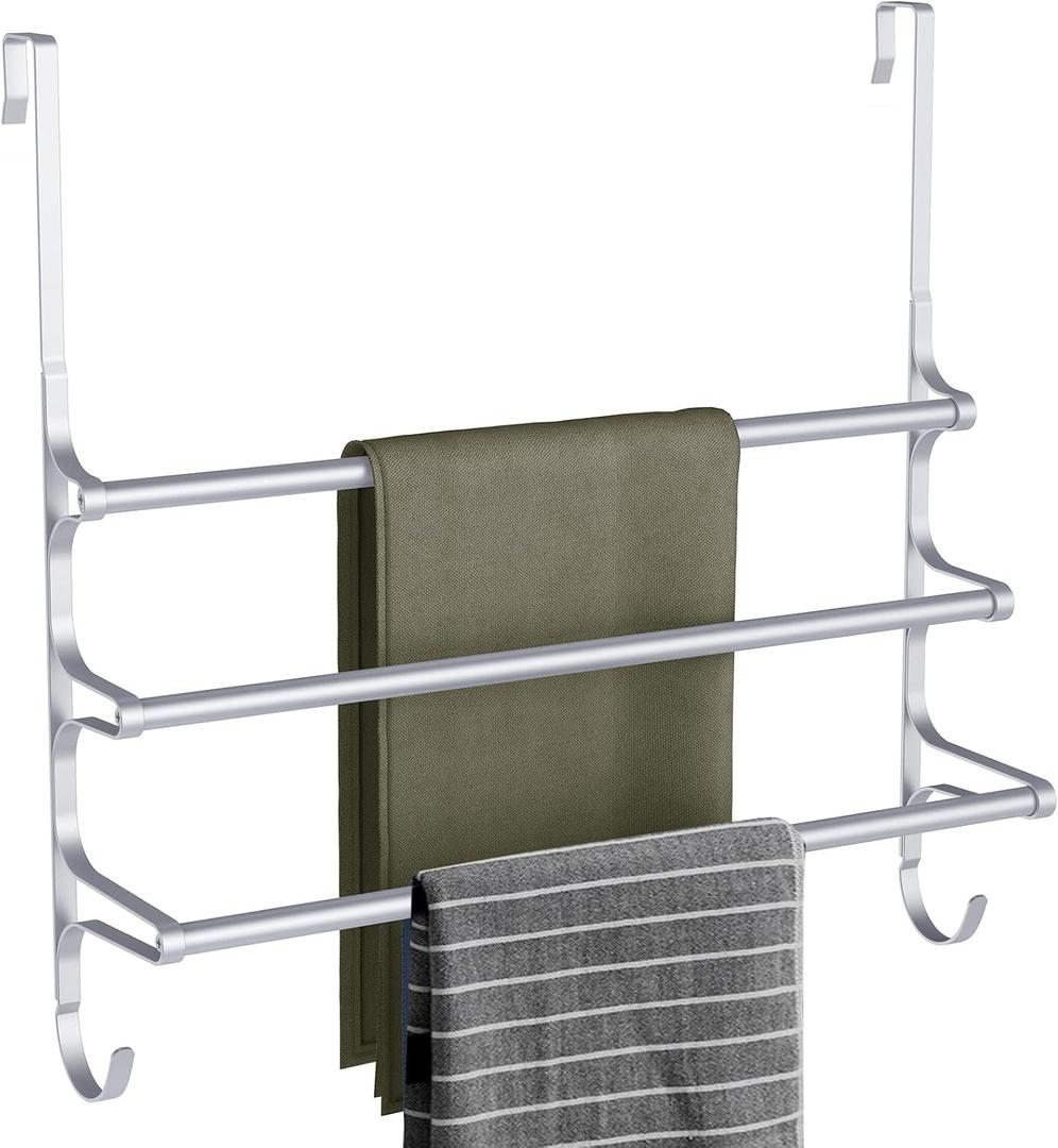 CANYAVE Over The Door Towel Rack, Over Door Towel Rack for Bathroom Door, Triple Towel Storage Holder with Hooks (Silver Gray, 20.15" L)