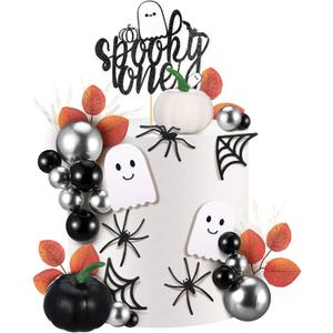 Rtteri 33 Pcs Spooky One Cake Topper Halloween Spooky One Birthday Decorations Girls Boys Black Halloween Ghost 1st Birthday Cake Picks Ghost Bat Spider Pumpkin Decor for 1st Party Supplies