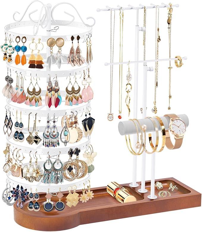 Jewelry Organizer Stand with Bamboo Base, Metal Rotating Earring Holder Organizer, MultiFunctional Adjustable Necklace Rack Holder Bracelet Watch Holder for Jewelry Earrings Ring