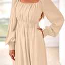KIRUNDO Casual Fall Dresses for Women 2026 Flowy Long Sleeve Maxi Dress Smocked Empire Waist Square Neck Wedding Party (Yellow, XL)
