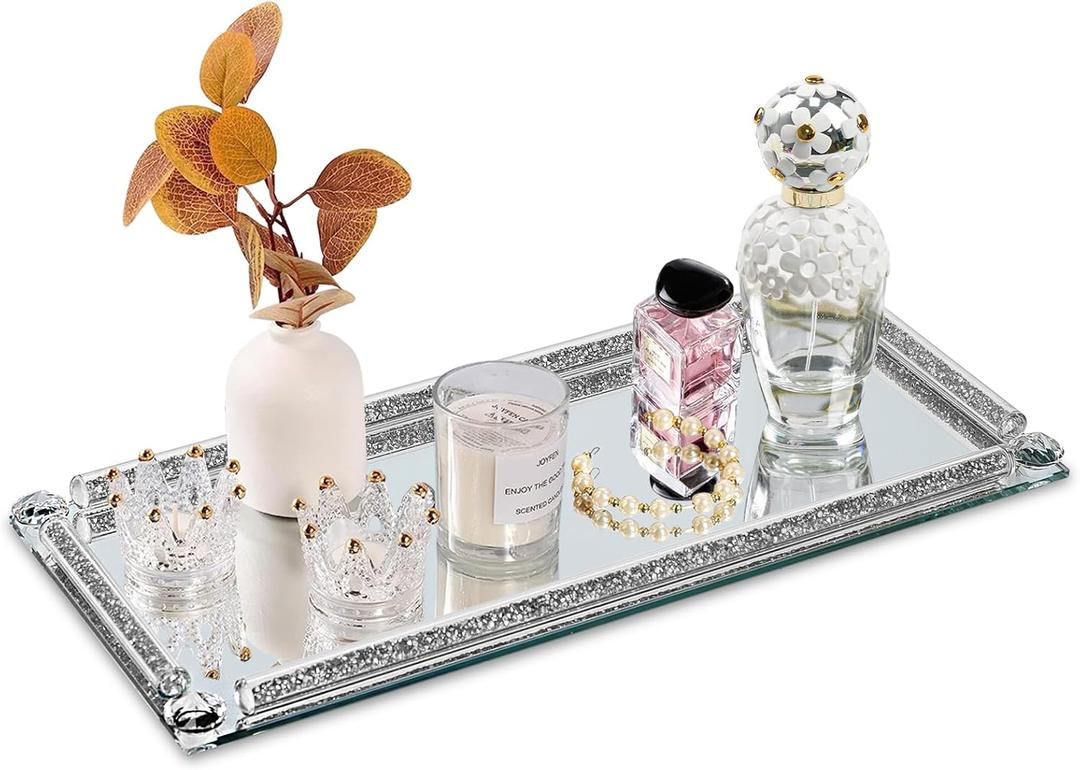 Silver Glass Vanity Tray,Perfume Tray,Mirror Trays for Bedroom Dresser,Decorative Tray for Home Decor Christmas Brithday Gift(Silver Crushed Diamond) (13.8" x 5.9" x 1")