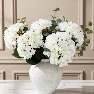 Real Touch White Faux Hydrangea And Eucalyptus Arrangement, Faux Floral Arrangements, Hyper Realistic Artificial Flowers, White Centerpieces For Kitchen Dining Coffee Table Decor, 5 Heads + Greenery