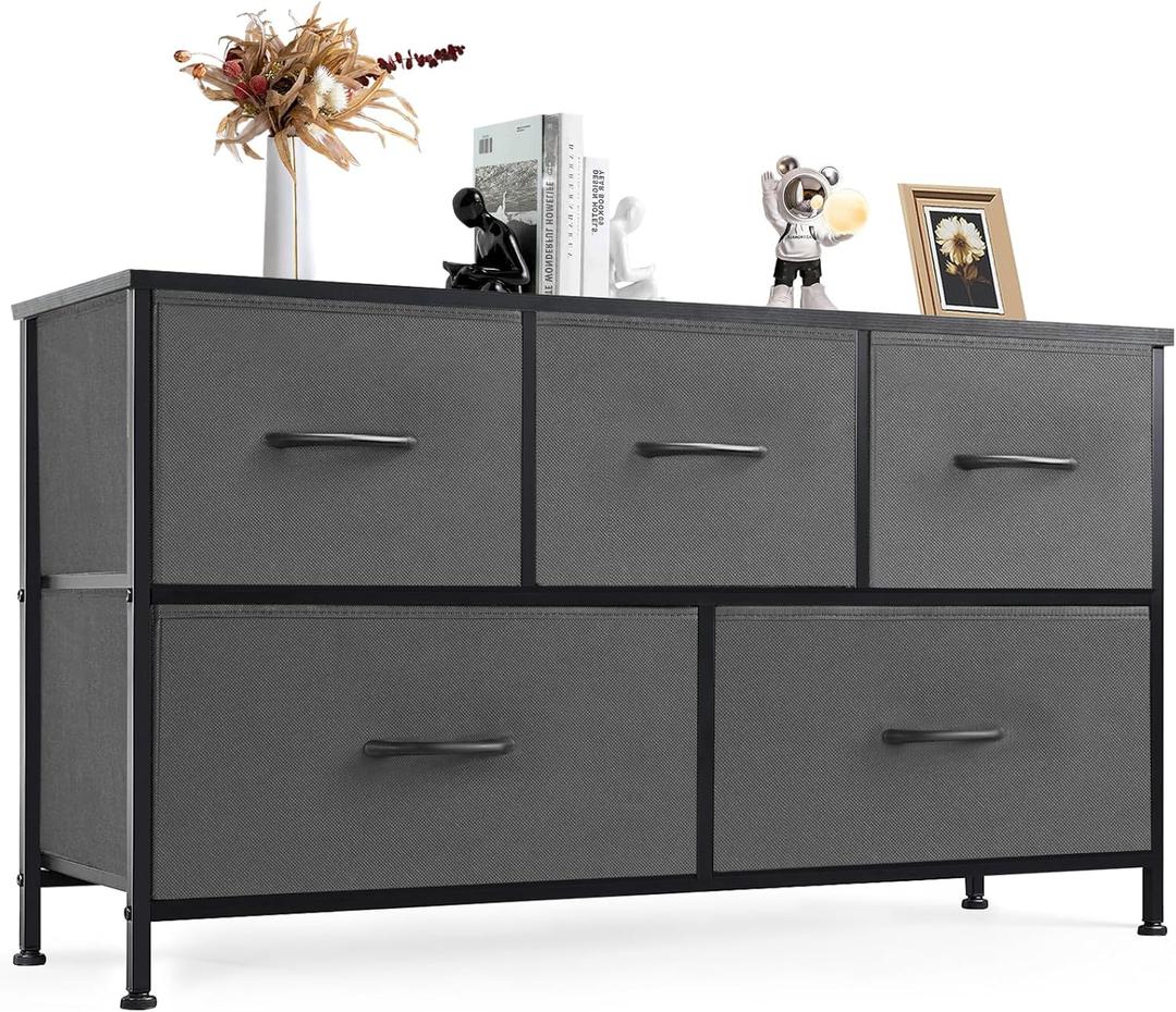DUMOS Dresser for Bedroom, 5 Storage Drawers, Wide Fabric Closet Chests Organizer Tower Furniture with Wooden Top Metal Frame for Clothes, Guest Room, Living Room, Hallway, Entryway (11.8"D x 39.4"W x 20.9"H (5 Drawers), Grey)