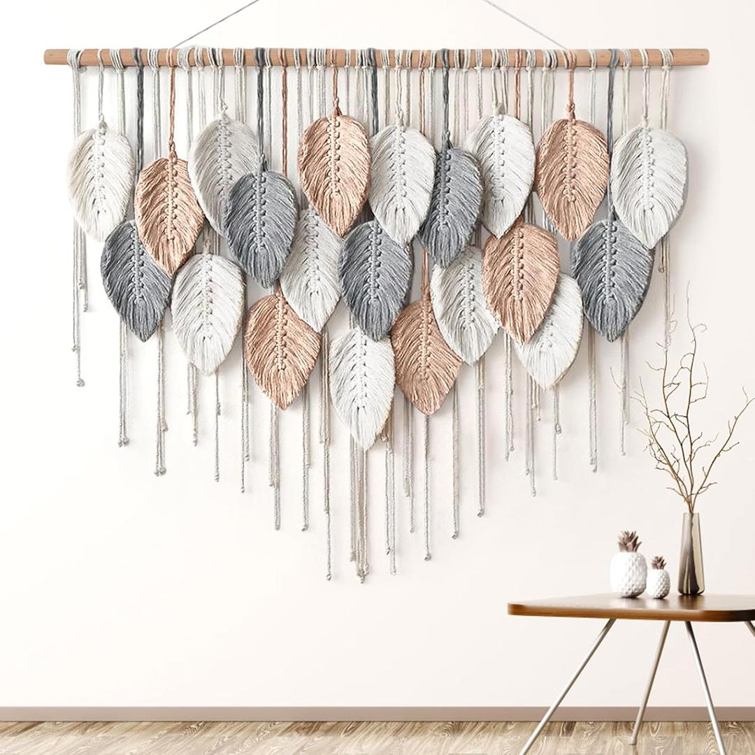 Alynsehom Large Macrame Wall Hanging, Boho Woven Tapestry, Chic Modern Bohemian Handmade Leaf Feather Wall Art Home Decor for Apartment Dorm Living Room Bedroom Nursery Backdrop (39" W X 29.5" L)
