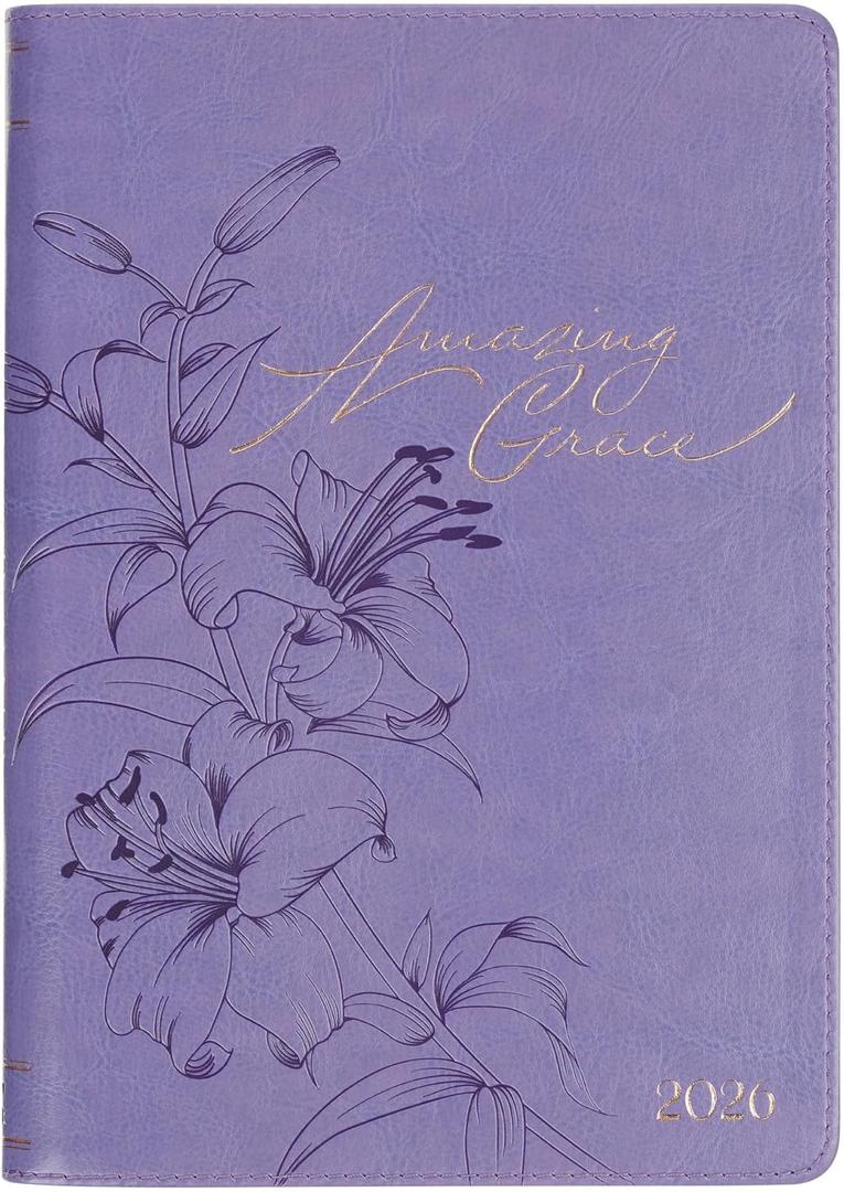 Christian Art Gifts 2026 12 Month Vegan Leather Zippered Executive Scripture Planner for Women: Amazing Grace Encouraging Message, Daily Planning/Budgeting, Time Slots, To-dos, Purple Floral/Rose Gold