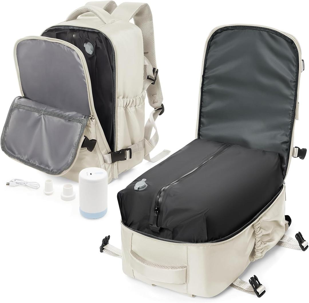 winspansy Small Travel Backpack Storage Vacuum Compression Bags with Pump for Travel Storage Carry on Business Day Vacpack Backpack for Women Men with Vacuum College Bag Beige (42*29*15CM)