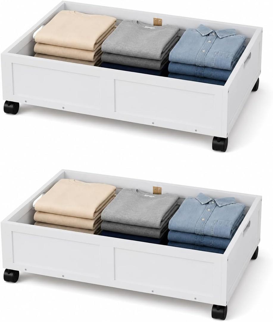 2 Pack Bamboo Under Bed Storage Containers with Wheels, White