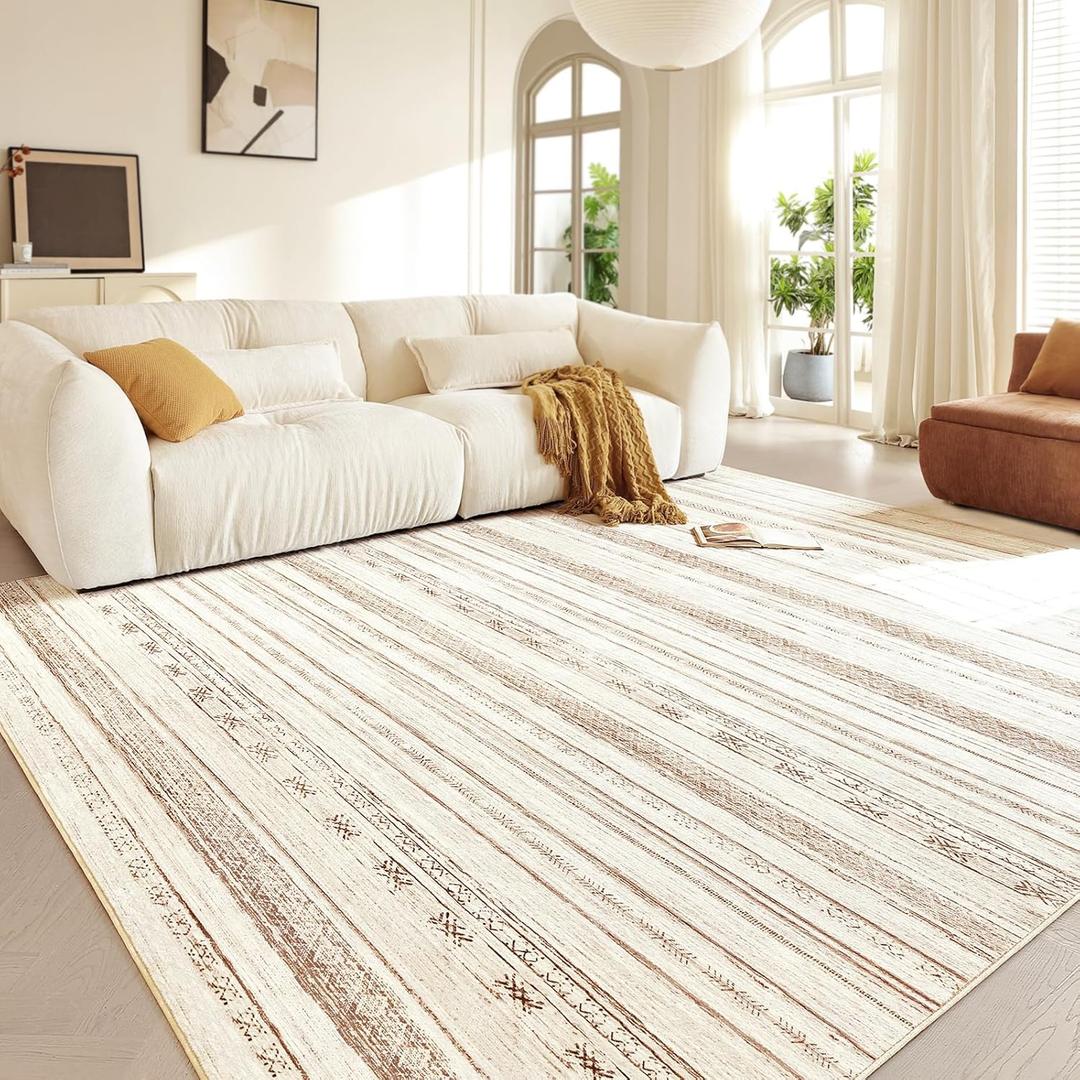 Area Rugs for Living Room: 5x7 Washable Boho Rug for Bedroom Large Neutral Bohemian Moroccan Farmhouse Geometric Dining Room Rugs Ultra Soft Floor Carpet Indoor for Home Office - Brown Beige