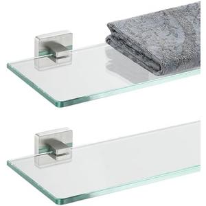 JQK Bathroom Glass Shelf, Floating Tempered Glass Shower Storage 12 by 5 inches, 304 Stainless Steel Brushed Finish Wall Mount 1 Pack, TGS201L12-BN-P2