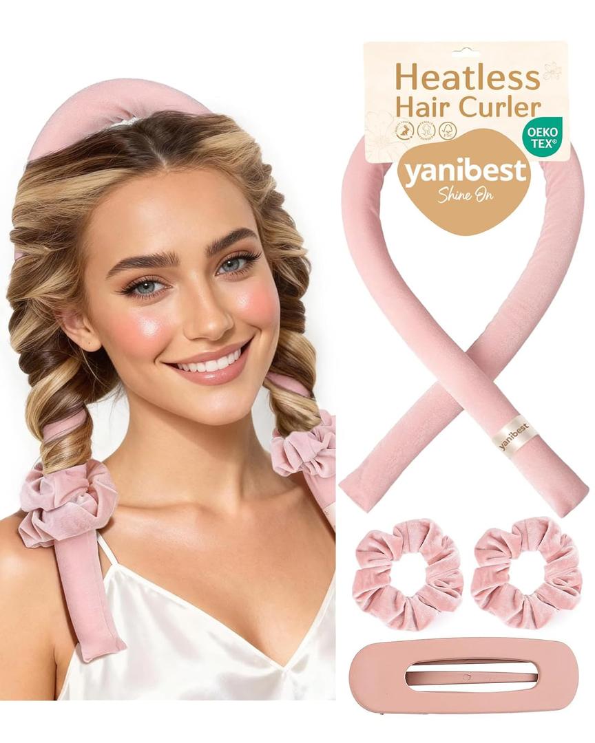 Yanibest Heatless Hair Curler to Sleep in, Overnight Curl Headband for Natural Wavy Curls, No Heat Soft Hair Curler Set with Hair Clip Scrunchies for Styling, No Slip Heatless Curls (Pink)