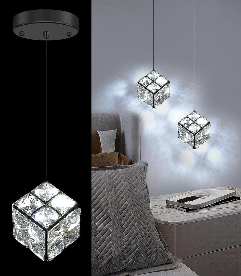 Mini Pendant Lights Crystal Chandeliers for Dining Room Kitchen Island LED Light Fixture Dimmable Handing Light for Hallway (Black)