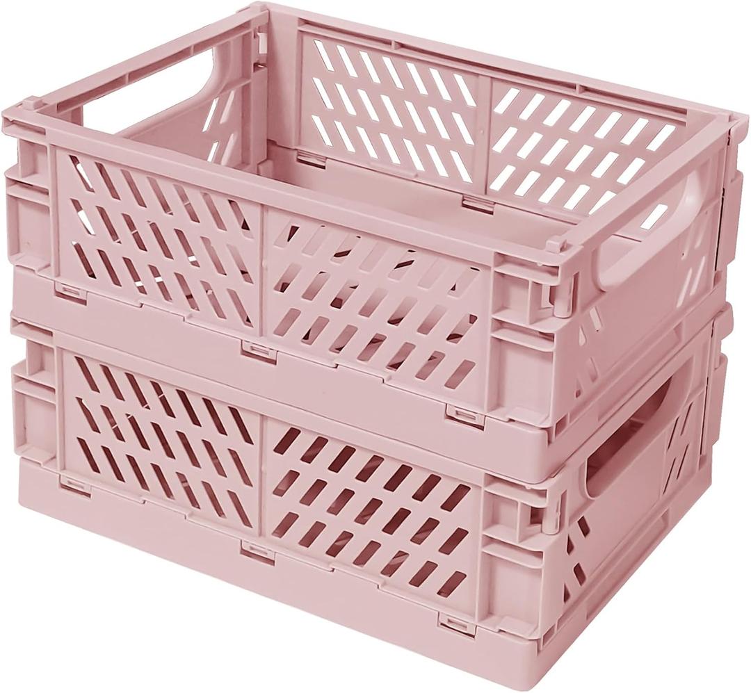 Small Pastel Plastic Storage Bins 2Pcs Foldable Pastel Crates Plastic Basket Colorful Storage Containers Baskets for Classroom Kitchen Office Bedroom Desktop Home Decor (Pink 9.8" x 6.5" x 3.8")