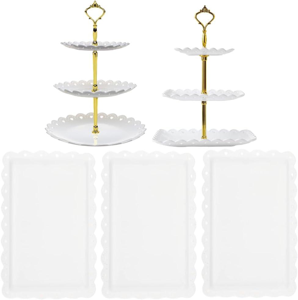 RAUVOLFIA 5 Pcs Dessert Table Stand Set - 2 Pcs 3 Tier Plastic Cupcake Display Stands Cookie Tray Rack Serving Tower & 3 Pcs Trays for Wedding Baby Shower Tea Party (White), JHW-5P-S001