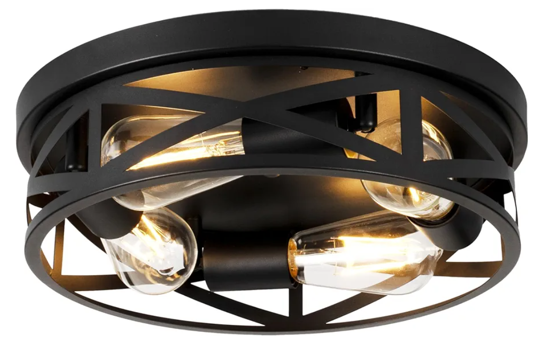 DOXVIEZE Farmhouse Ceiling Light Fixtures, 11 Inch Metal Cage Cross Close to Ceiling Lights 2Light, Vintage Flush Mount Ceiling Lights for Bedroom Porch Kitchen Entrance Hallway, Black