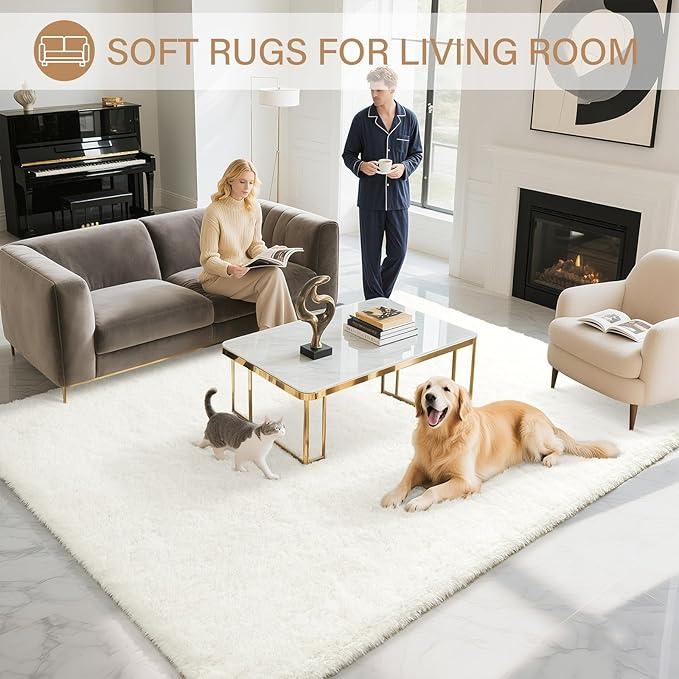 BENRON Fluffy Rugs for Living Room 5x7 Cream White, Washable Large Area Rugs for Bedroom Dining Table Office Kids Nursery Room, Washable Indoor Floor Carpets
