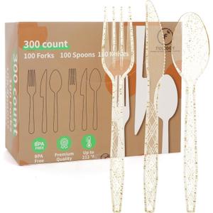 300Pcs Clear Gold Plastic Silverware Heavy Duty Plastic Cutlery Set Disposable Flatware Includes Spoons Forks Knives Utensil Cutlery Set for Wedding Birthday Party Supplies Everyday Use