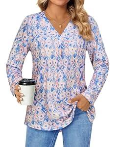 Women's Professional V-Neck Work Blouses Dressy Long Sleeve Tunics Floral Shirts for Office Business Casual Elegant Ladies Clothes Textured Wrinkle Free Fashion Fit Outfit Blue Pink Floral Medium