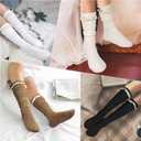 2 x Slouch Socks for Women Long Knee High Socks Women Frilly Lace Ruffle Calf Stacked Boot Sock Scrunch Slouchy Sock (Black, White, Khaki & Beige)