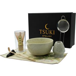 7 Pcs Matcha Whisk Set Matcha Kit - Ceramic Bowl, Bamboo Whisk & Holder, Scoop, Sifter, Scoop Rest & Tea Towel Elegant Matcha Kit for Tea Lovers, Home Decor & Zen Spaces (Green)