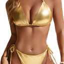 Rajputana Women Metallic Bikini Sets String Triangle Top and Bottoms Two Piece Swimsuit Bathing Suit (Small, Gold)