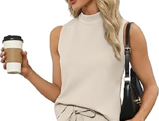 SAMPEEL Women's Summer Tank Top Vacation Trendy Lounge Mock Neck Beige, Size M