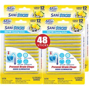 SANI 360 Sani Sticks Drain Cleaner and Deodorizer, 48 Count, Lemon Scent Enzyme Pipe Cleaners, Eliminate Odors, Prevent Clogged Drains, Safe for Sinks, Bathtub Drains, Septic Tanks