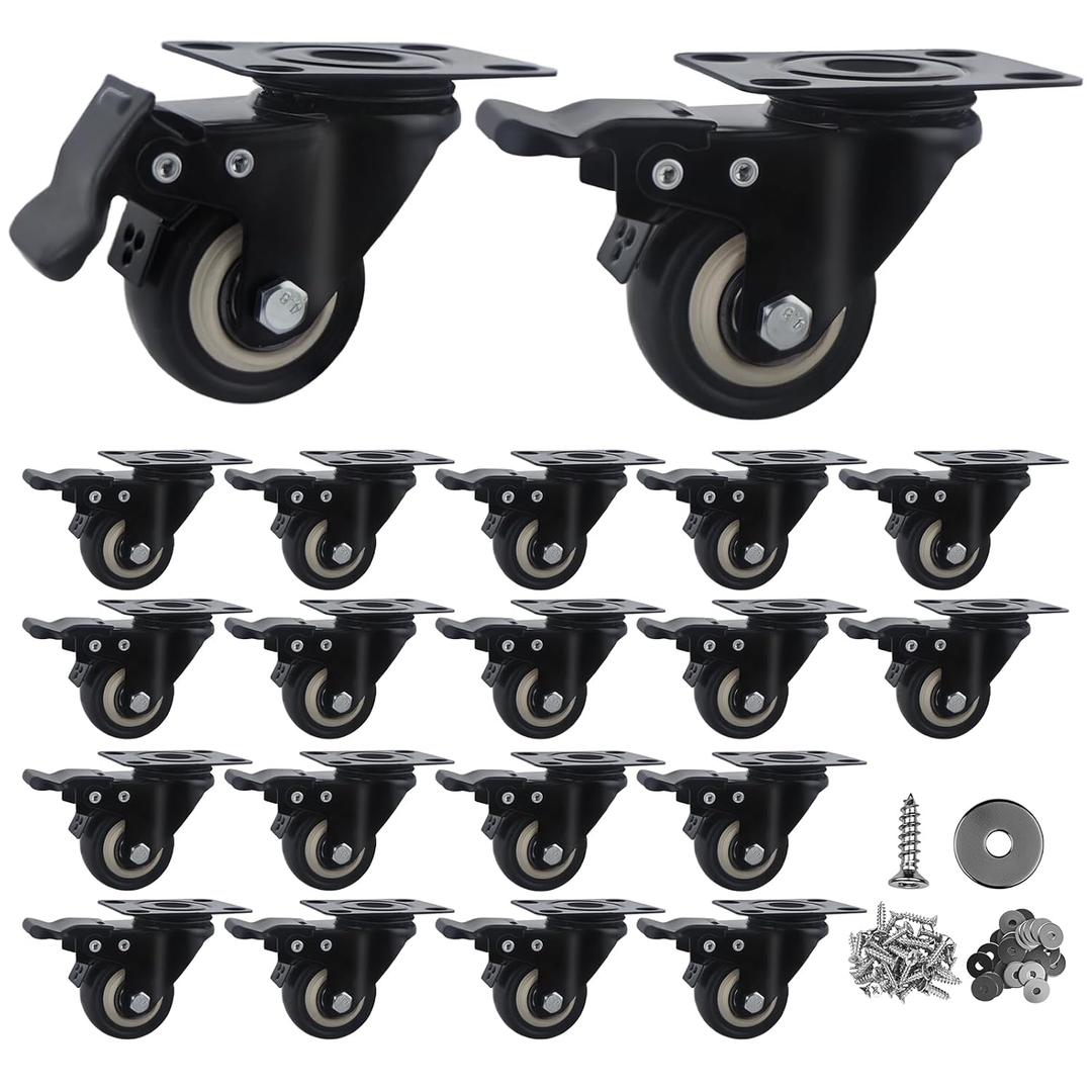 2 Inch Caster Wheels Set of 20 Heavy Duty Casters, with Brake, No Noise Locking Polyurethane (PU) Wheels, for Furniture and Workbench Load 800lbs