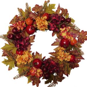 20 Inch Autumn Wreaths for Front Door Fall Wreaths for Thanksgiving & Halloween & Harvest Festival Indoor/Outdoor Fall Decorations with Apples Pomegranates Maple Leaves (Yellow&red)