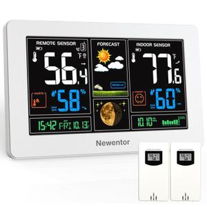 Newentor Weather Station Wireless Indoor Outdoor Thermometer, Color Display Digital Weather Thermometer with Atomic Clock, Barometric Pressure, Forecast Station with Adjustable Backlight,White,2Sensor