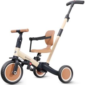 Newyoo Toddler Tricycle with Push Handle for 1-3 Year Old, Toddler Bike, Birthday Gift and Toy for Boys and Girls, 5 in 1 Kids Trike, Balance Bike with Backrest and Safety Belt, Khaki, TR007