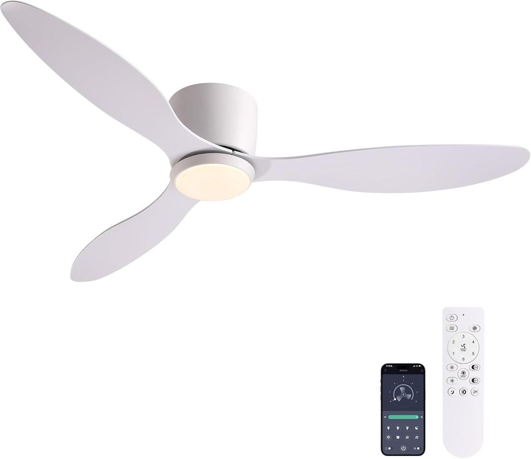 52 Inch Flush Mount Ceiling Fans with Lights and Remote Control, White Low Profile Ceiling Fan for Bedroom, Living Room,Office,Kitchen,Patios Indoor and Outdoor Use
