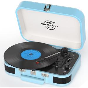 Vinyl Record Player 3 Speed Bluetooth Turntable Belt Drive LP Play Portable Suitcase Record Player Built-in Speaker with EQ Mode USB Recording RCA Output/AUX Input Headphone Jack Blue