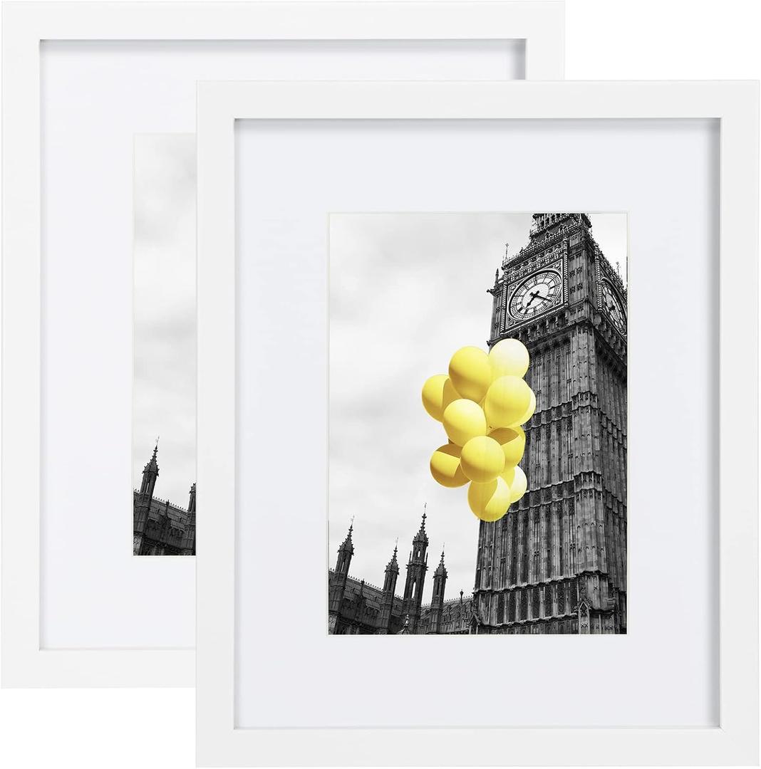 8x10 Picture Frame with Plexiglass, Display Pictures 5x7 with Mat or 8x10 Without Mat for Tabletop Display and Wall Mounting, Set of 2White