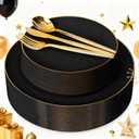 I00000 150Pcs Black Plastic Plates,New Year Plates,Heavy Duty Black plates for 30 Guests,Plastic Dinnerware Set Include 30 Dinner Plate,30 Dessert Plate,90 Gold Cutlery Set for Party