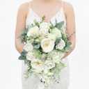 Rinlong 10.6 Inch Dusty Green White Artificial Cascading Wedding Bouquets for Bride Cascade Bridal Bouquet for Wedding Silk Flowers