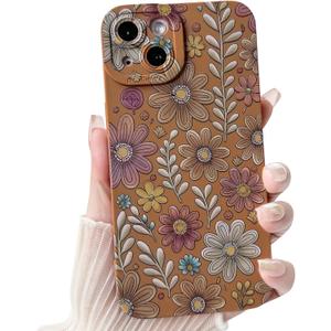 Compatible for iPhone 14 Plus Case Cute Color Flower Floral Leaf with Aesthetic Design for Girls Women Soft TPU Shockproof More Protective Girly for iPhone 14 Plus Case-Brown