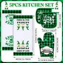 Rtteri 5 Pcs St. Patrick's Day Kitchen Towels Pot Holders and Oven Mitts Set Shamrocks Mittens Oven Glove Potholders Green and Black Buffalo Plaid Kitchen Towels for Irish Farmhouse Decor Accessories