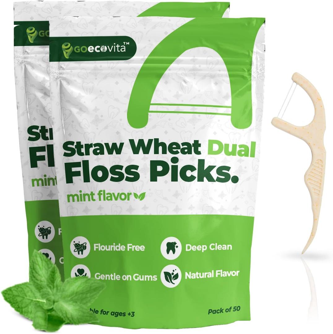 10 x Dual Thread Dental Floss Picks - Straw Wheat Flossers | Thin & Shred-Resistant Thread for Tight Gaps | Dental Flossers for Adults | Gentle on Gums & Teeth (100 Pack, Mint)