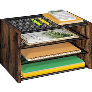 3-Tier Paper Letter Tray, Wooden Desk File Organizer, Stackable Metal Mesh Desk Organizer for Office Supplies. Small Paper Trays for Home Office School, Rustic Brown