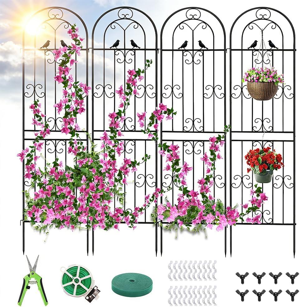 Metal Garden Trellis, 86.7" H x 19.7" W Black Coated Wire Lattice Panel, Sturdy Plant Support for Climbing Roses Vines Cucumbers Vegetables Outdoor Patio Yard (4 Packs)