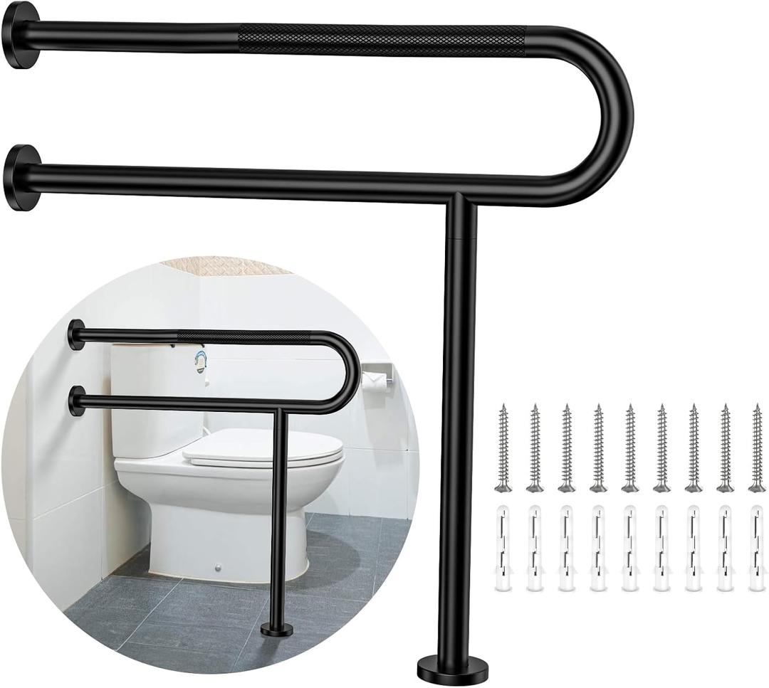 Toilet Support Rail 31.3X 31.5 Inch, Munzong Anti-Slip Black Handicap Grab Bar for Bathroom, Stainless Steel Knurled Safety handrails with Leg for Elderly Disabled Pregnant-1.25Tube