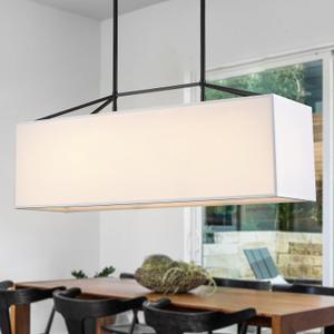 Dining Room Light Fixture Black Chandelier for Entryway 7-Light Large Linear Rectangle Island Lighting White Fabric Kitchen Pendant Light for Kitchen Bedroom Foyer Living Room, D9073L-7-B+F1