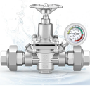 Water Pressure Reducing Valve 3/4 NPT Female Union, Stainless Steel, Pressure Gauge, Handwheel Adjustment