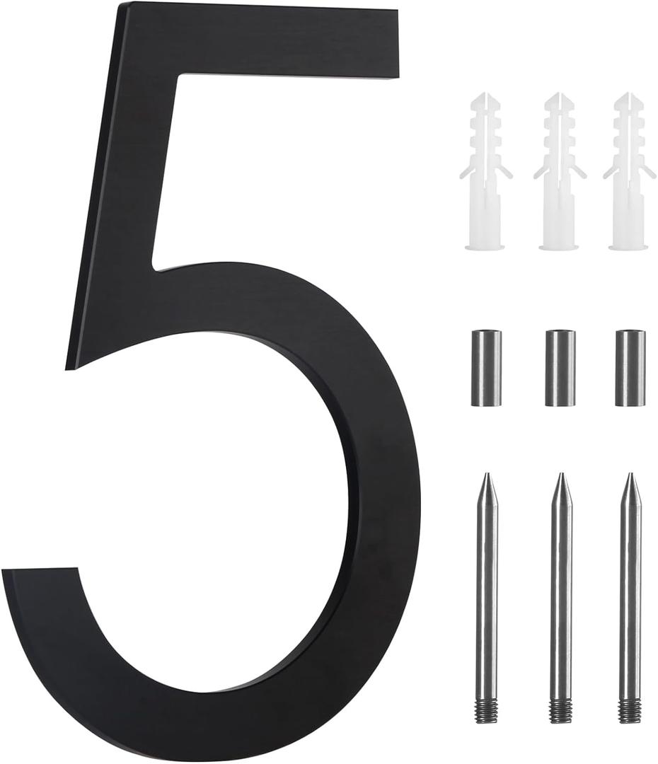8 Inch Black House Numbers For Outside, Floating Metal Large Modern House Numbers For Outside, Large Address Numbers For House Black Floating Flush Mount Aluminum #5