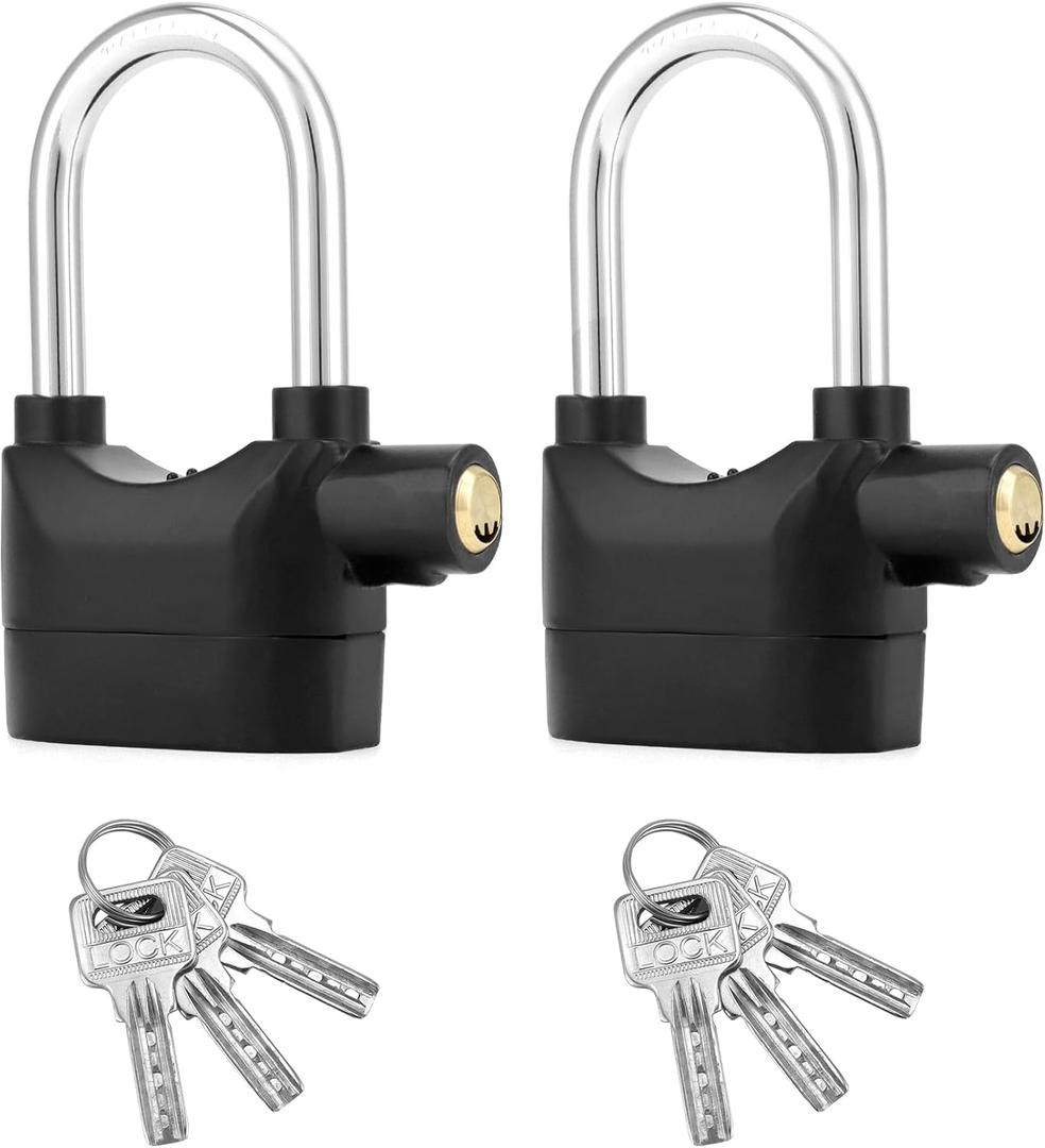 QWORK Alarm Lock, 110 Db Universal Security Alarm Lock System Burglar Door Motor Bike Padlock with 6 Keys (Black), 2 Pack