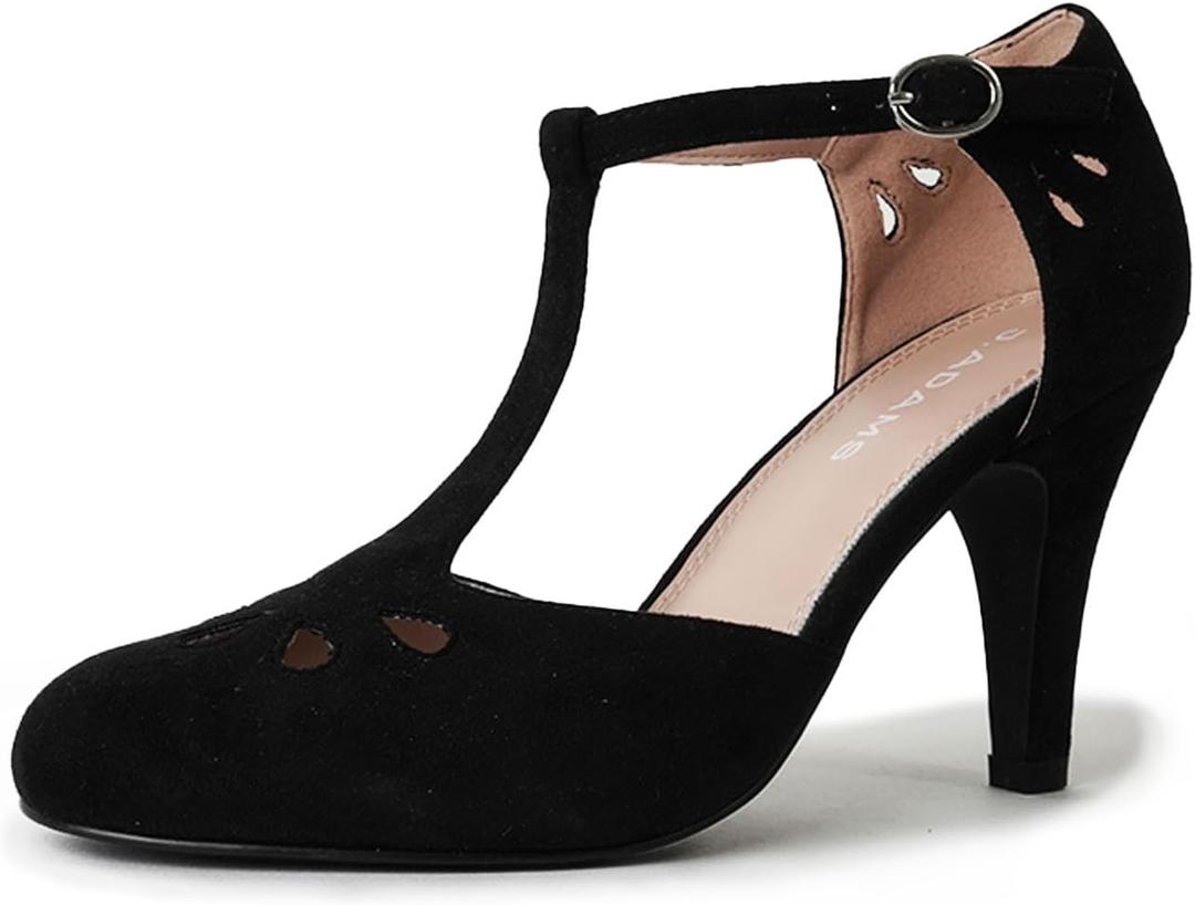 J. Adams Pepper Mary Janes - Vintage Cutout Low Kitten Heels Retro T Strap Pumps (6.5, Black Vegan Suede)